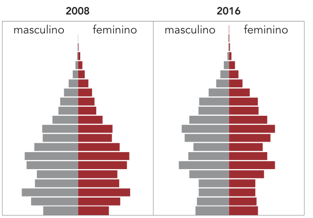 Par de pirâmides etárias identificadas como 2008 e 2016, com barras cinza à esquerda, sob o rótulo “masculino”, e vermelhas à direita, sob o rótulo “feminino”. Em 2008, a base é estreita, há uma faixa bastante larga pouco acima dela e outro alargamento na região central, seguido de estreitamento até o topo. Em 2016, as barras inferiores são estreitas, com dois alargamentos destacados nas faixas intermediárias e estreitamento até o topo. Não há valores nem faixas etárias indicados.