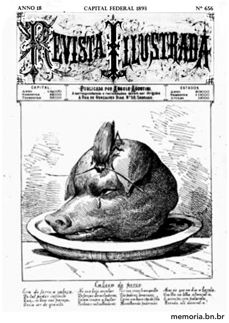 Capa da Revista Illustrada, em preto e branco, com as inscrições “ANNO 18”, “CAPITAL FEDERAL 1893” e “Nº 656” no alto. A ilustração mostra uma cabeça de porco sobre um prato, com uma lágrima junto ao olho e um pequeno inseto sobre a cabeça. Abaixo, há o título “Cabeça de porco” e versos em letras pequenas. Crédito: memoria.bn.br.