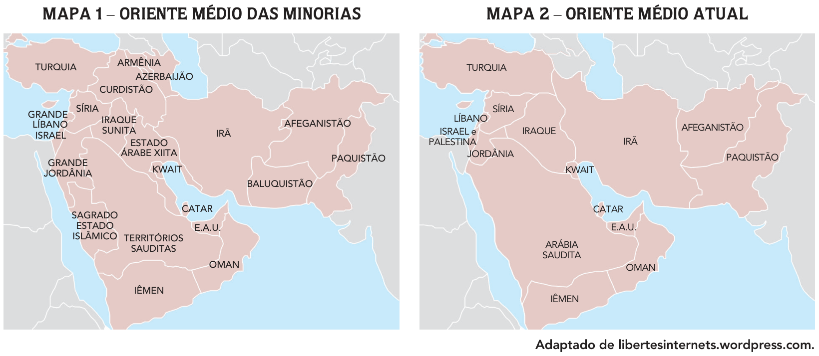 F1 Dois mapas comparativos da região do Oriente Médio: o Mapa 1, intitulado "Oriente Médio das minorias", mostra uma divisão hipotética com a criação e redistribuição de territórios como Curdistão, Iraque Sunita, Estado Árabe Xiita, Baluquistão, Sagrado Estado Islâmico, Grande Líbano e Grande Jordânia; o Mapa 2, intitulado "Oriente Médio atual", mostra a divisão geopolítica oficial contemporânea dos países da região.