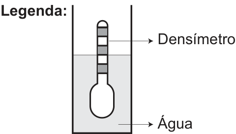 F1 Legenda com um densímetro flutuando em um recipiente com água pura. Setas identificam o densímetro e a água; a superfície da água cruza a haste graduada.