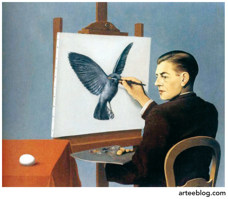 F1 Pintura "A Clarividência" de René Magritte, em que um artista sentado em frente a um cavalete observa um ovo branco sobre uma mesa ao lado enquanto pinta em sua tela uma ave adulta em pleno voo com asas abertas.