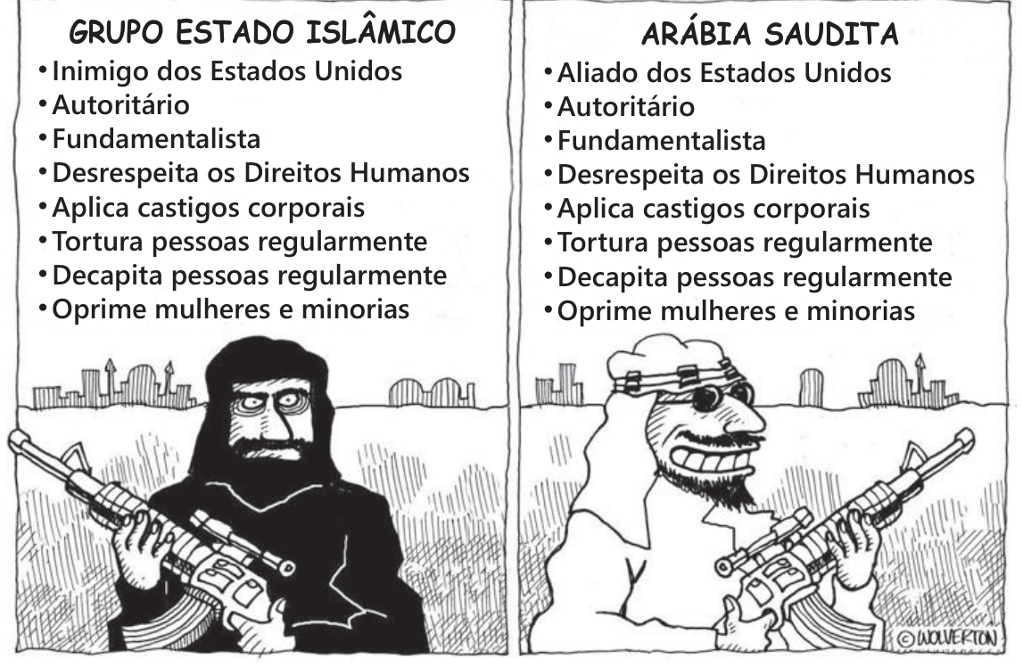 F1 Charge comparativa dividida em dois quadros: à esquerda, sob o título "GRUPO ESTADO ISLÂMICO", um combatente vestido de preto segura um fuzil, acompanhado de uma lista de características iniciada por "Inimigo dos Estados Unidos"; à direita, sob o título "ARÁBIA SAUDITA", um homem com vestimentas árabes tradicionais e óculos escuros segura um fuzil idêntico, com a mesma lista de características, exceto pelo primeiro item, que é "Aliado dos Estados Unidos".