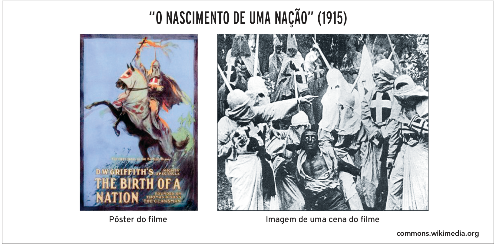 Quadro intitulado “O NASCIMENTO DE UMA NAÇÃO” (1915), apresentando à esquerda o pôster do filme "The Birth of a Nation", de D. W. Griffith, com a ilustração de um membro da Ku Klux Klan montado a cavalo empunhando uma cruz em chamas, e à direita a imagem de uma cena do filme com homens vestidos com as vestes e capuzes brancos da organização cercando e ameaçando um homem negro.