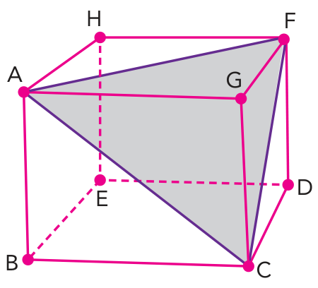 Cubo com vértices A, B, C, D, E, F, G, H e triângulo AFC sombreado em seu interior