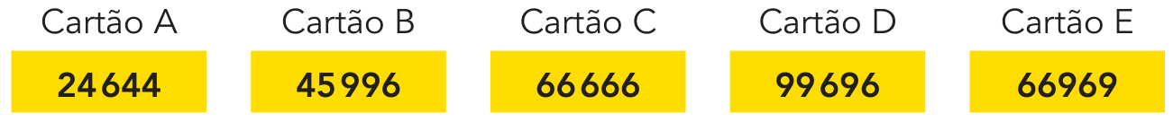 Cinco cartões amarelos alinhados horizontalmente, identificados como Cartão A, Cartão B, Cartão C, Cartão D e Cartão E, contendo, respectivamente, os números 24644, 45996, 66666, 99696 e 66969.