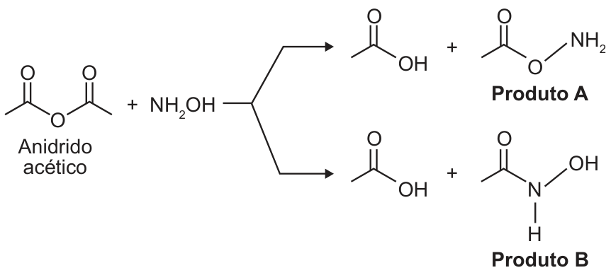 F1 Esquema da reação do anidrido acético com hidroxilamina, com duas vias. A via superior forma ácido acético e o Produto A, acetato de O-amônio (). A via inferior forma ácido acético e o Produto B, N-hidroxiacetamida ().