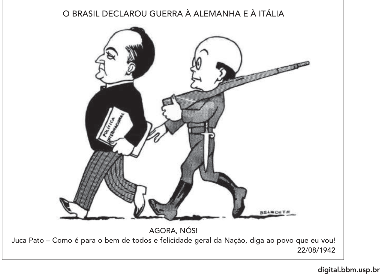 Charge de Belmonte publicada em 22/08/1942 com o título "O BRASIL DECLAROU GUERRA À ALEMANHA E À ITÁLIA". Nela, Getúlio Vargas caminha para a esquerda segurando uma pasta onde se lê "POLÍTICA INTERNACIONAL". Logo atrás dele, o personagem Juca Pato, fardado como soldado com capacete, fuzil ao ombro e uma adaga na cintura, caminha segurando na barra do paletó de Vargas. Na parte inferior lê-se: "AGORA, NÓS! / Juca Pato – Como é para o bem de todos e felicidade geral da Nação, diga ao povo que eu vou!".