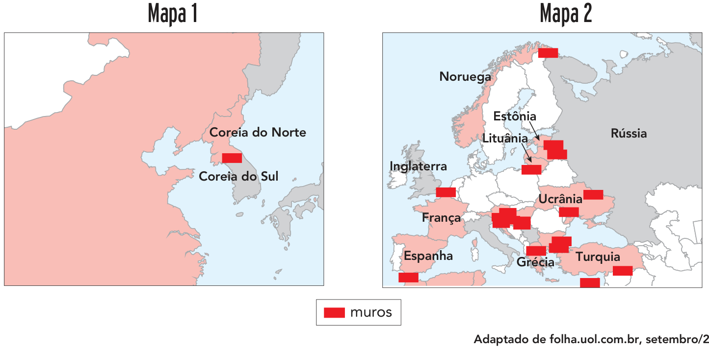 Dois mapas com barreiras físicas representadas por retângulos vermelhos, conforme a legenda “muros”. O Mapa 1 mostra o leste da Ásia, com os rótulos “Coreia do Norte” e “Coreia do Sul” e uma barreira na fronteira entre esses países. O Mapa 2 mostra a Europa e regiões próximas, com diversas barreiras nas fronteiras. Estão identificados Noruega, Estônia, Lituânia, Rússia, Inglaterra, França, Ucrânia, Espanha, Grécia e Turquia. Os territórios aparecem em rosa, cinza ou branco, e os mares em azul-claro. Crédito: “Adaptado de folha.uol.com.br, setembro/2017.”
