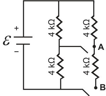 F1 Diagrama do circuito elétrico simplificado com uma fonte de tensão e quatro resistores de 4 kΩ, indicando os pontos de contato A e B