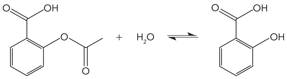 Equação química da hidrólise: ácido acetilsalicílico + H₂O em equilíbrio formando ácido salicílico + X