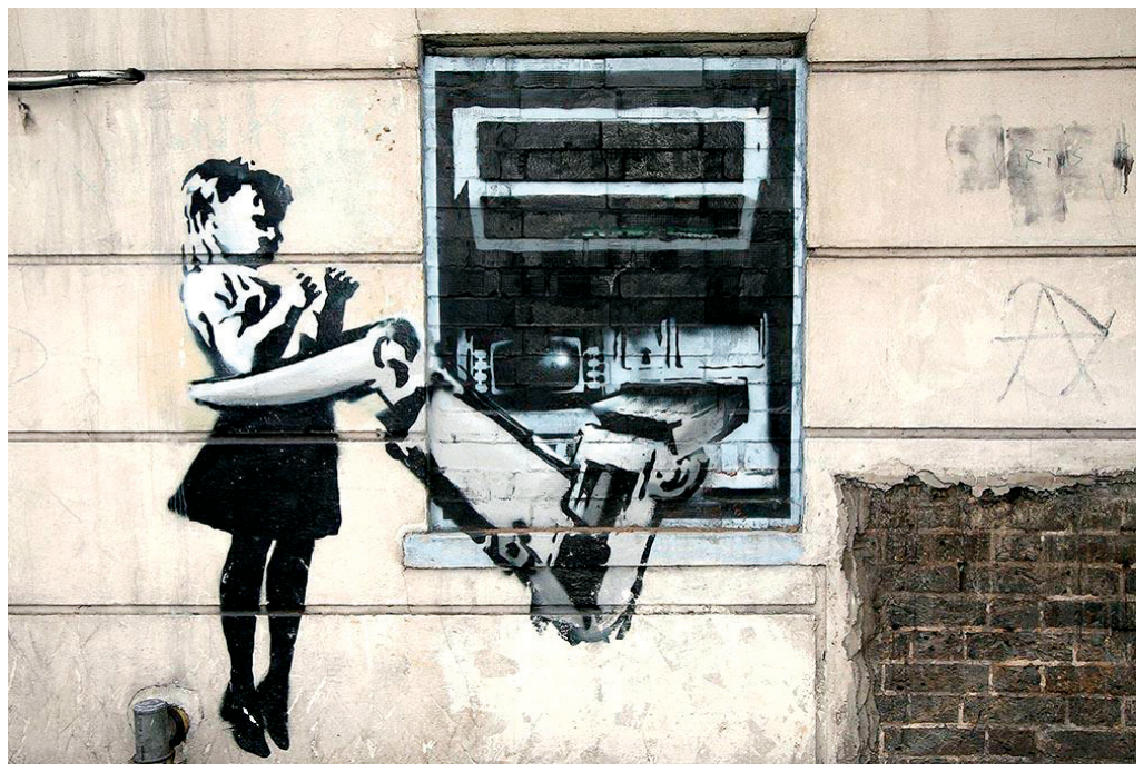 Grafite em uma parede representando um caixa eletrônico de onde sai um braço mecânico ou robótico que agarra uma menina pela cintura.