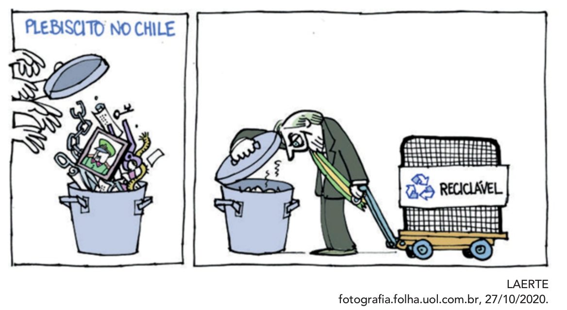 Charge de Laerte em dois quadros. No primeiro, sob o título "PLEBISCITO NO CHILE", várias mãos descartam em uma lata de lixo diversos itens associados à repressão e ao regime militar, como correntes e um quadro com o retrato de Augusto Pinochet. No segundo quadro, uma figura masculina usando terno e a faixa presidencial brasileira abre a mesma lata de lixo e olha em seu interior, enquanto puxa um carrinho de carga com a indicação "RECICLÁVEL".