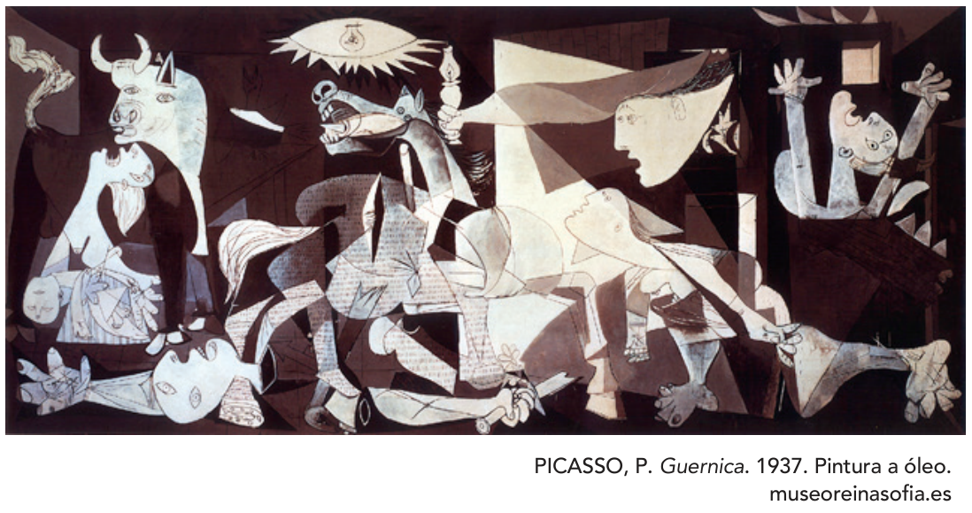 Pintura Guernica, de Pablo Picasso, em estilo cubista, predominantemente em tons de cinza, preto e branco, retratando o sofrimento humano e animal causado pela violência da guerra.