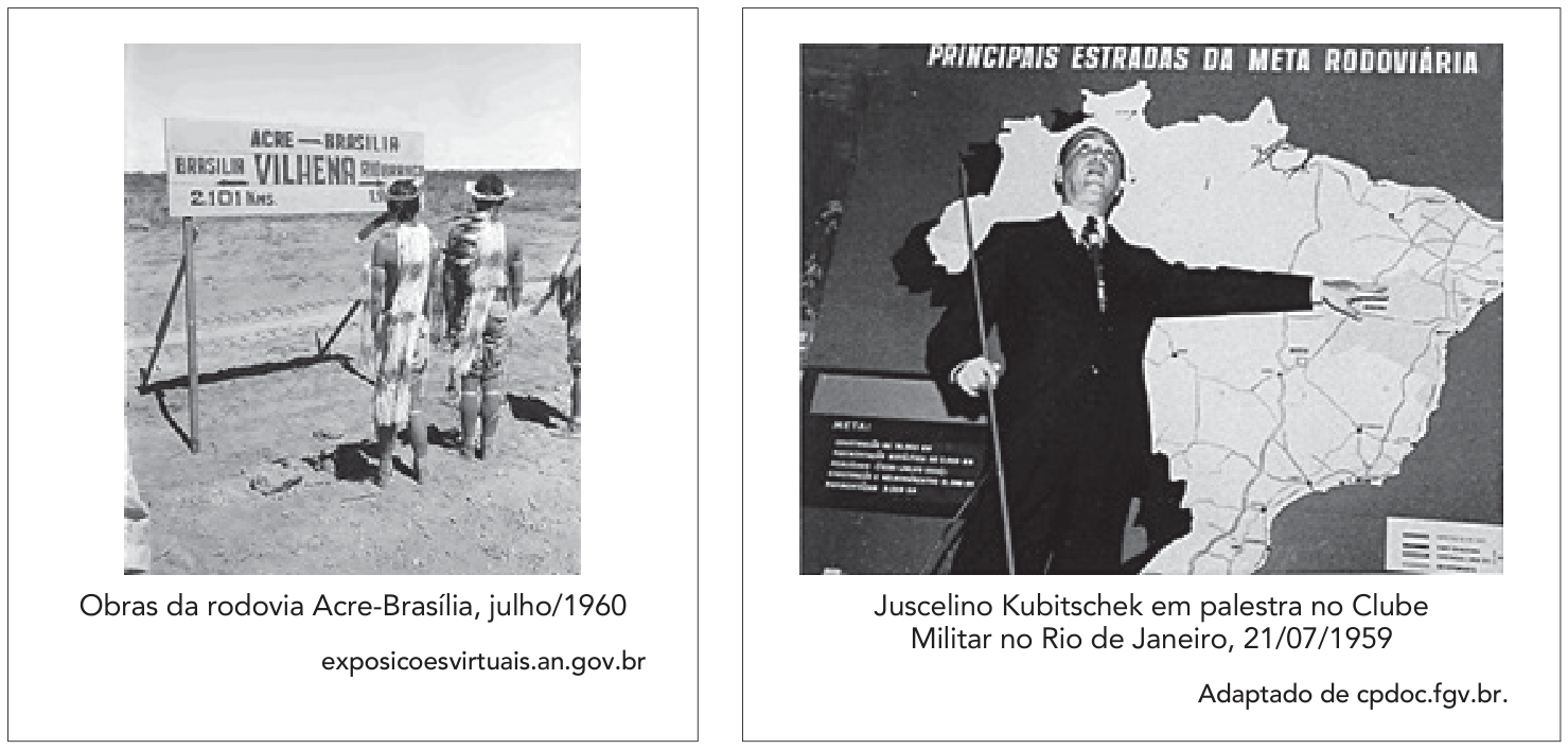 À esquerda, fotografia em preto e branco das obras da rodovia Acre-Brasília em julho de 1960, mostrando dois indígenas em vestes tradicionais de costas para a câmera, diante de uma placa que indica 'ACRE — BRASÍLIA', 'BRASÍLIA 2.101 Kms.' e 'VILHENA'. À direita, fotografia de Juscelino Kubitschek discursando ao lado de um grande mapa do Brasil com o título 'PRINCIPAIS ESTRADAS DA META RODOVIÁRIA', em palestra no Clube Militar no Rio de Janeiro, em 21/07/1959.