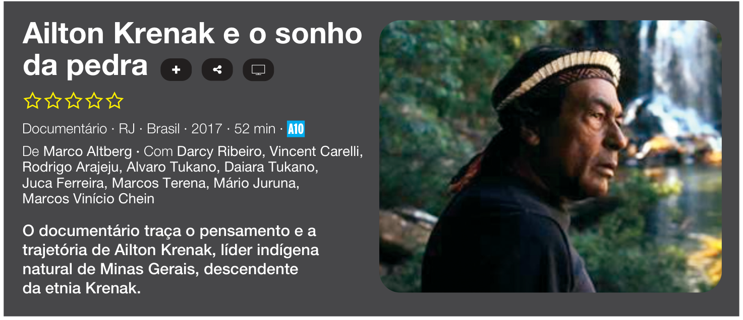 Ficha técnica do documentário "Ailton Krenak e o sonho da pedra", com sinopse e fotografia de perfil de Ailton Krenak em meio à natureza.