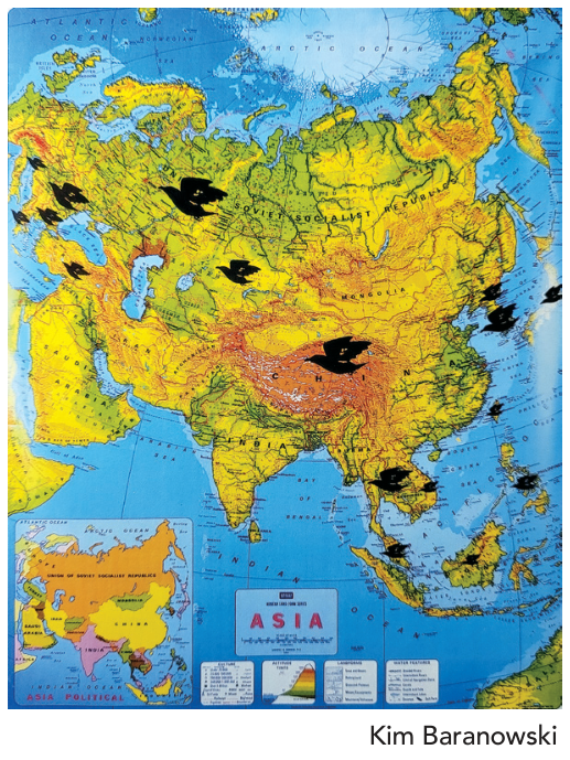 Mapa físico e político do continente asiático com diversas silhuetas de pássaros pretos sobrepostas, com a autoria de Kim Baranowski indicada no canto inferior direito