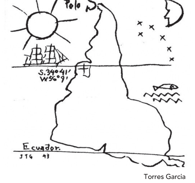 Desenho estilizado do mapa invertido da América do Sul com o Polo Sul voltado para cima, contendo ilustrações de um sol, uma caravela, constelações, coordenadas e anotações manuscritas, com a autoria de Torres Garcia indicada no canto inferior direito