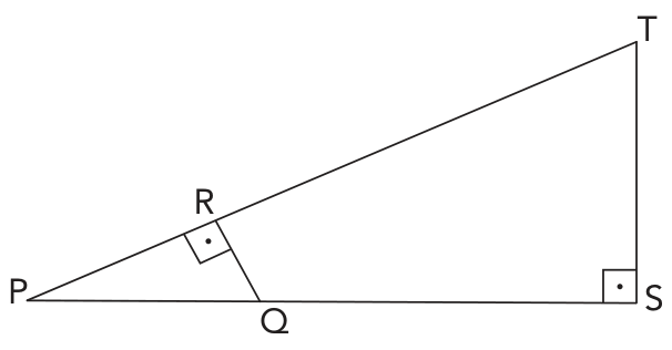 Triângulos retângulos PQR e PST com vértice comum em P. O triângulo maior PST é retângulo em S, com hipotenusa PT e catetos PS e ST. O ponto Q pertence ao cateto horizontal PS e o ponto R pertence à hipotenusa PT. O segmento QR forma um ângulo reto em R com PT.