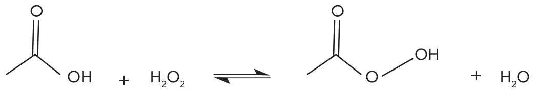 F1 Esquema de reação química com setas de equilíbrio: à esquerda, a fórmula estrutural em bastão de CH₃–C(=O)–OH somada a H₂O₂; à direita, a fórmula estrutural em bastão de CH₃–C(=O)–O–OH somada a H₂O.