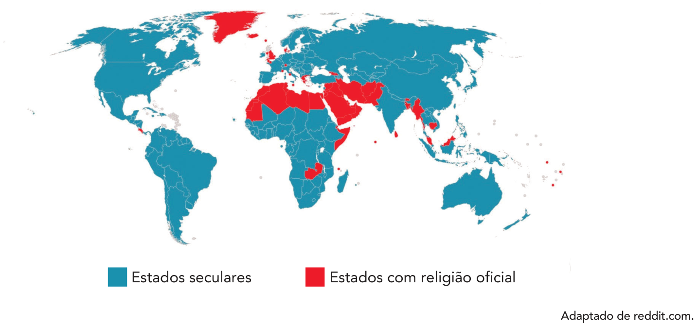 Mapa-múndi representando os Estados seculares em azul e os Estados com religião oficial em vermelho, com grande concentração destes últimos no Norte da África e no Oriente Médio.