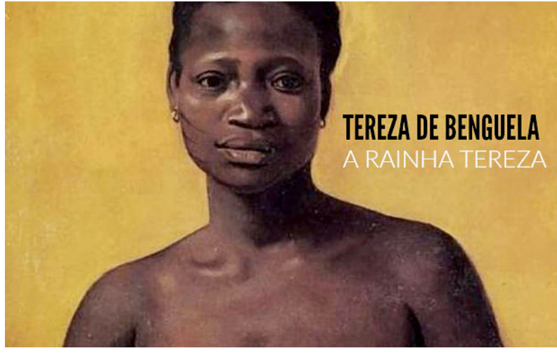 Pintura retratando Tereza de Benguela sobre fundo amarelo, com a inscrição "TEREZA DE BENGUELA / A RAINHA TEREZA".