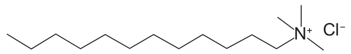 Fórmula estrutural de um cloreto de alquiltrimetilamônio, com cadeia alquílica linear ligada ao nitrogênio positivo.