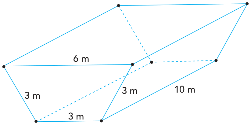 Prisma reto cuja base é um trapézio com lados de 3 m, 3 m, 3 m e 6 m, e aresta lateral de 10 m