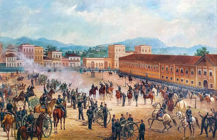Pintura histórica a óleo "Proclamação da República", de Benedito Calixto (1893), retratando a praça do quartel-general com tropas e canhões perfilados diante dos líderes militares montados a cavalo.