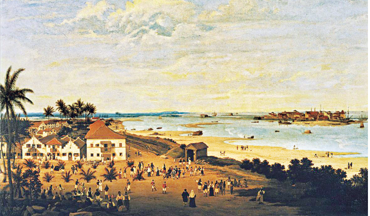 Pintura "Vista da Cidade Maurícia", de Franz Post (1647), mostrando a paisagem costeira com construções à esquerda, vegetação, pessoas na praia e o mar ao fundo.