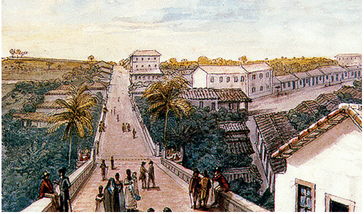 Aquarela "Ponte de Santa Efigênia", de Jean-Baptiste Debret (1827), representando a ponte sobre o vale com pedestres de diversas classes e casario ao redor.