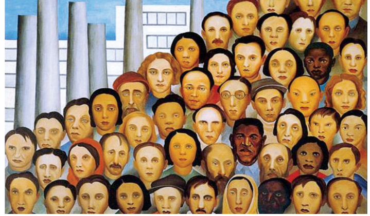 Pintura modernista "Operários", de Tarsila do Amaral (1933), retratando dezenas de rostos de trabalhadores sobrepostos com chaminés de fábricas ao fundo.