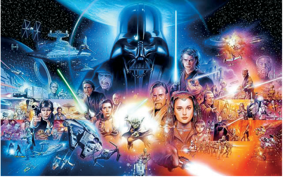 F2 Ilustração com personagens e elementos do universo Star Wars em colagem épica, com destaque para a máscara de Darth Vader ao centro