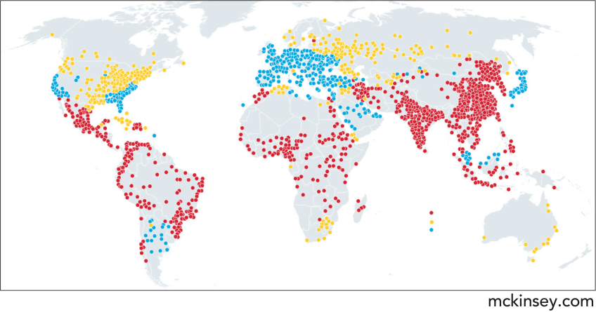 Mapa-múndi de pontos com distribuição em três cores concentradas em diversas regiões continentais habitadas.