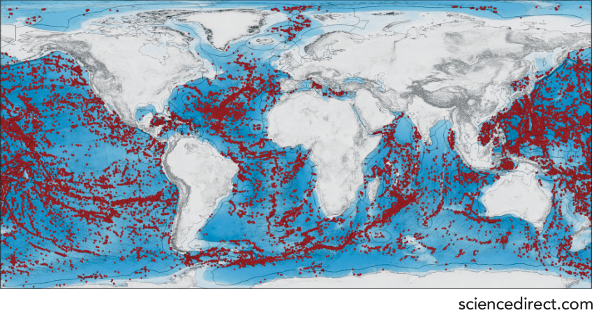 Mapa-múndi com densa distribuição de pontos vermelhos espalhados por todas as bacias oceânicas.
