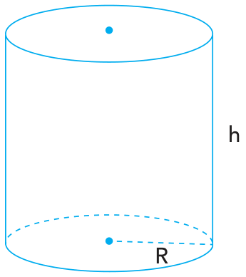 Ilustração de um cilindro circular reto em linhas azuis, com a altura indicada por h à direita e o raio da base indicado por um segmento tracejado com a letra R.