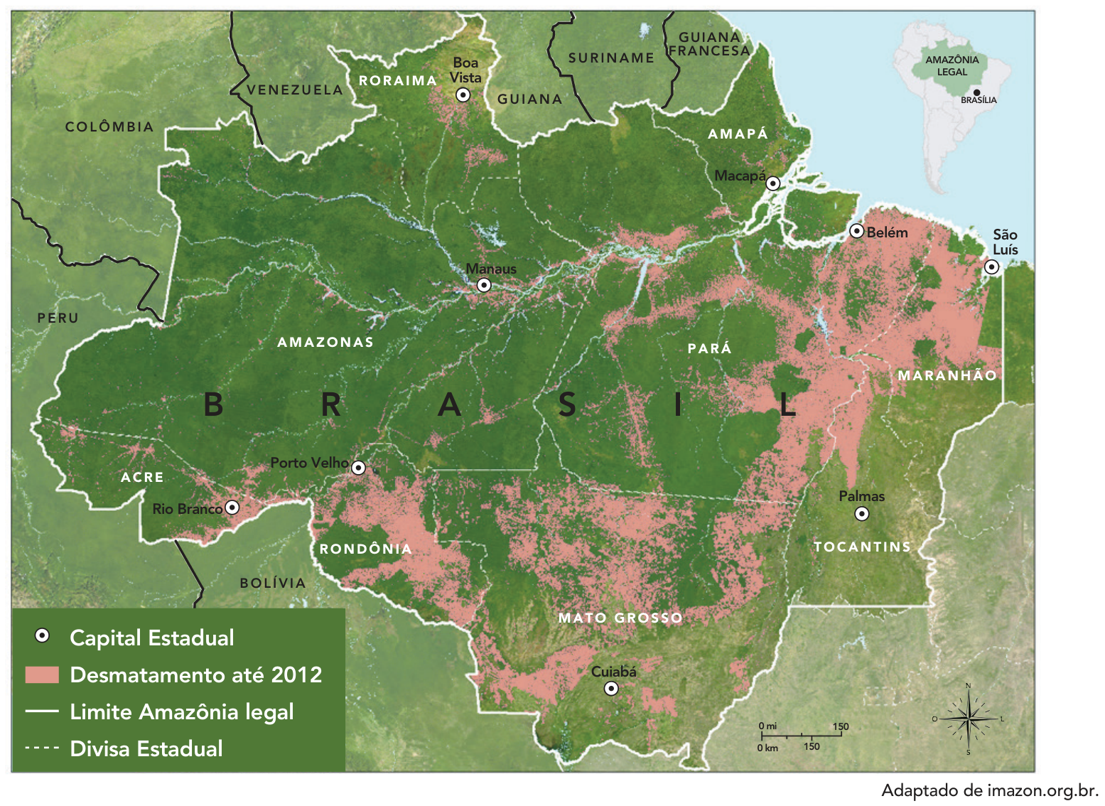 Mapa da Amazônia Legal indicando áreas de desmatamento até 2012, concentradas principalmente nas bordas sul e leste da região (o chamado "arco do desmatamento"), abrangendo partes de Rondônia, Mato Grosso, Pará e Maranhão.