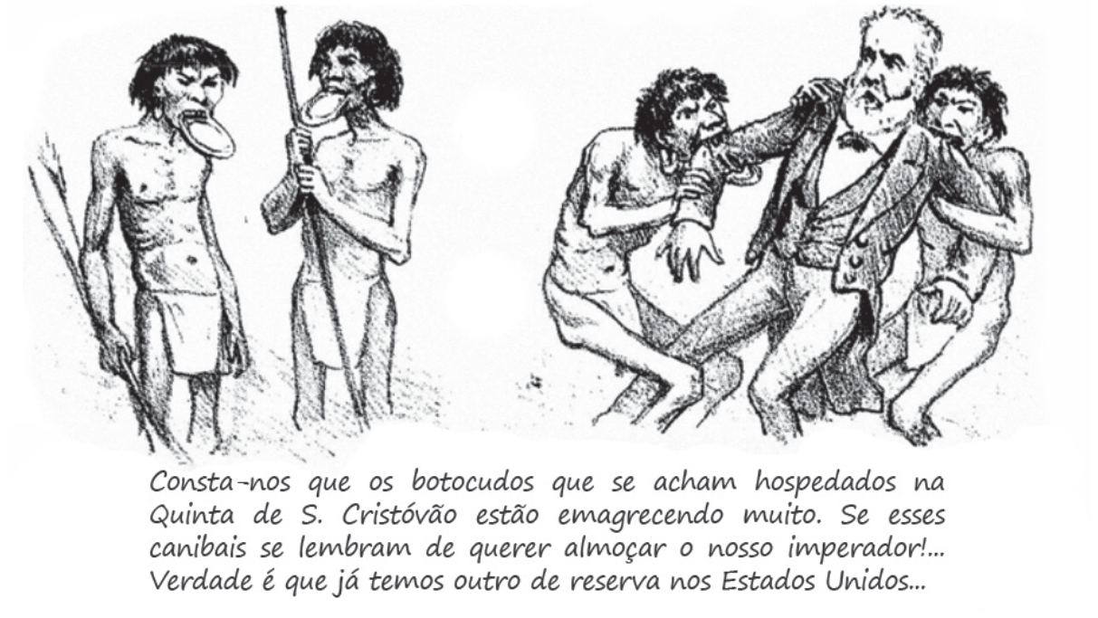 Charge de Angelo Agostini (1882) mostrando, à esquerda, dois indígenas botocudos com tembetás (botoques) labiais e, à direita, indígenas mordendo e puxando o imperador Dom Pedro II, acompanhada de um texto satírico.