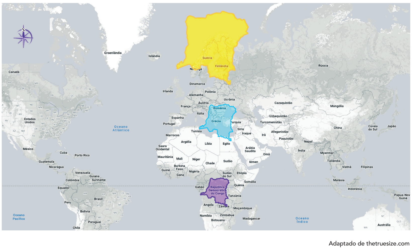 Mapa-múndi apresentando o contorno da República Democrática do Congo em sua latitude original (em roxo, na África equatorial) e replicado em latitudes maiores: sobreposto ao Leste Europeu/Mediterrâneo (em azul) e sobreposto ao norte da Europa/Escandinávia (em amarelo), ilustrando a ampliação de sua área visual conforme a latitude se aproxima dos polos.
