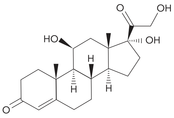 Fórmula estrutural da molécula de cortisol, apresentando quatro anéis fusionados característicos dos esteroides, com grupamentos carbonila e hidroxilas (-OH).