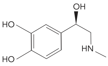 Fórmula estrutural da molécula de adrenalina, apresentando um anel benzênico ligado a duas hidroxilas fenólicas e a uma cadeia lateral contendo um grupo álcool e uma amina secundária.
