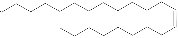F1 Fórmula estrutural plana em linha do feromônio da mosca doméstica, mostrando uma cadeia hidrocarbônica de 23 carbonos com uma ligação dupla cis entre os carbonos 9 e 10.