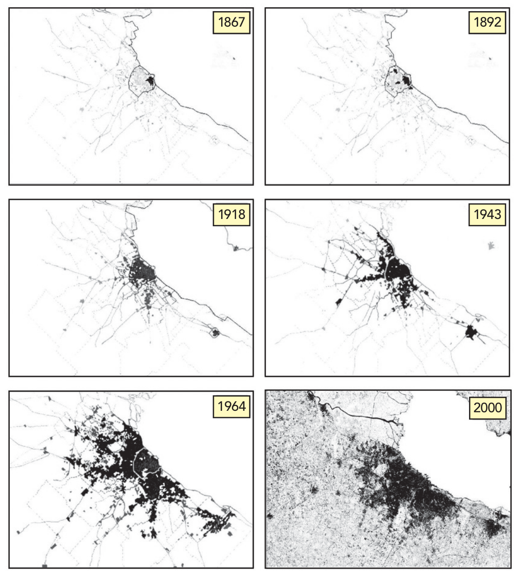 F1 Seis mapas em ordem cronológica (1867, 1892, 1918, 1943, 1964 e 2000) ilustrando o crescimento e o espalhamento progressivo da mancha urbana da aglomeração de Buenos Aires ao longo do tempo.