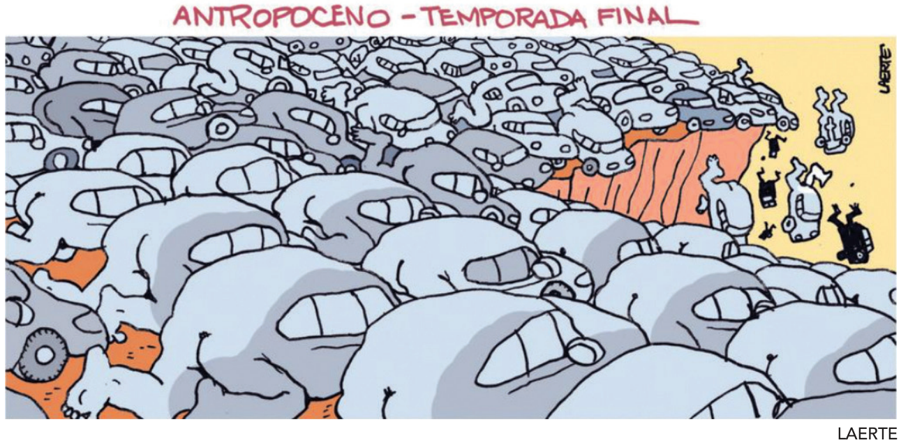 F1 Charge de Laerte com o título "ANTROPOCENO - TEMPORADA FINAL", retratando uma grande manada de seres que misturam corpos humanos e carcaças de automóveis caminhando em direção à beirada de um precipício e caindo nele.