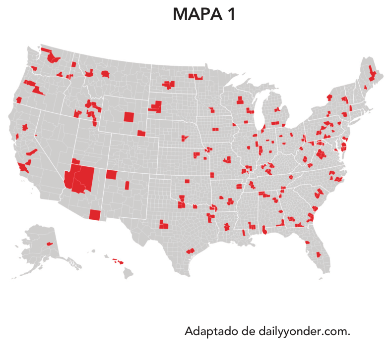 Mapa 1: áreas metropolitanas dos Estados Unidos destacadas em vermelho.