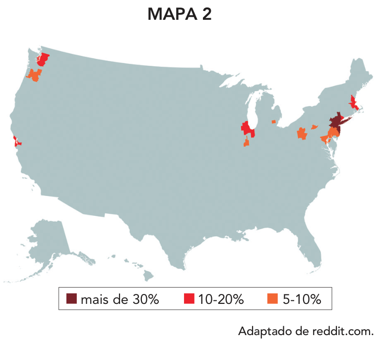 Mapa 2: áreas metropolitanas dos Estados Unidos com porcentagem de uso de transporte público para ir ao trabalho superior a 5%, categorizadas na legenda em: mais de 30%, 10-20% e 5-10%.
