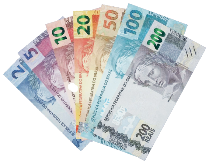 Sete cédulas de real brasileiro dispostas em formato de leque, com os valores de 2, 5, 10, 20, 50, 100 e 200 reais.