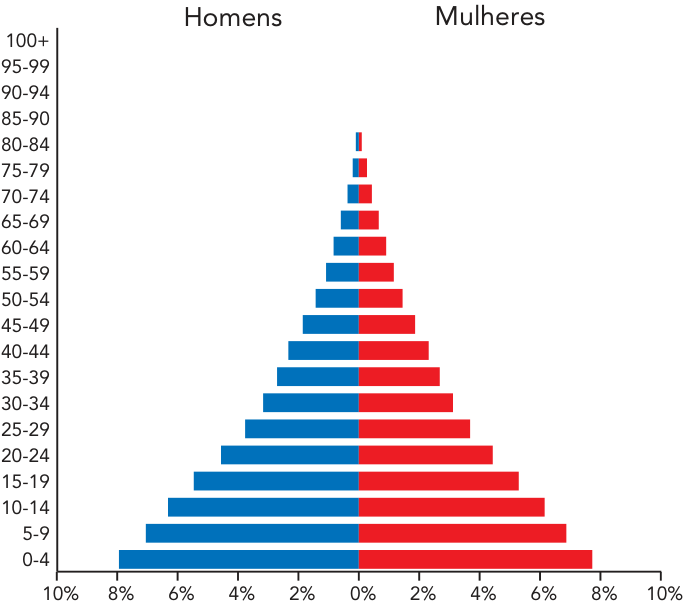 Pirâmide etária jovem com base muito larga (0-4 anos acima de 7%) e rápida redução conforme a idade, atingindo valores próximos de 0% a partir dos 70 anos.