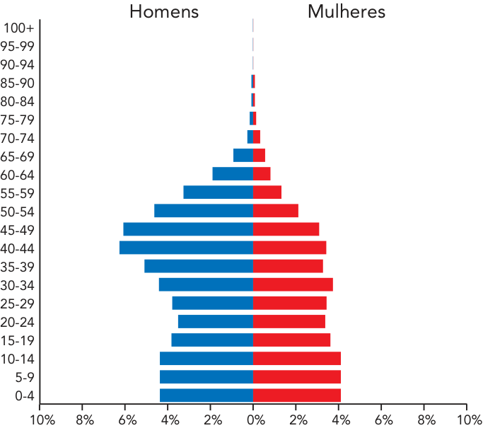 Pirâmide etária com forte assimetria entre os sexos, apresentando proporção muito maior de homens na faixa etária de 35 a 54 anos.