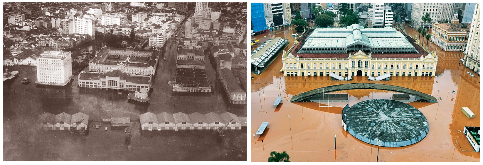 F1 Duas fotografias aéreas comparativas do Mercado Público de Porto Alegre e seu entorno durante as enchentes históricas: à esquerda, fotografia em preto e branco de 1941 mostrando a cidade alagada; à direita, fotografia colorida de 2024 mostrando a mesma região submersa por águas turvas e barrentas.