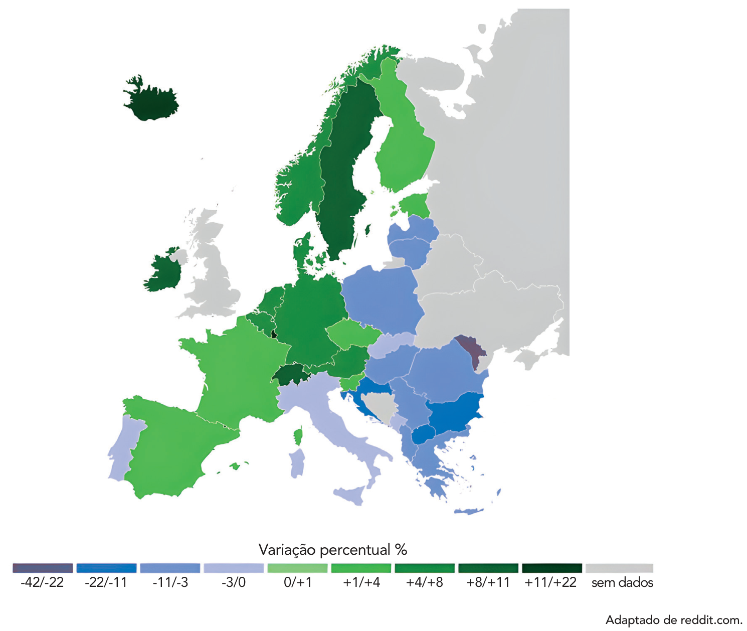 F1 Mapa da Europa indicando a variação percentual do total populacional nacional entre 2013 e 2023 por país, com legenda que varia de tons de roxo/azul para variações negativas (-42/-22 a -3/0) a tons de verde para variações positivas (0/+1 a +11/+22), além de cinza para sem dados.